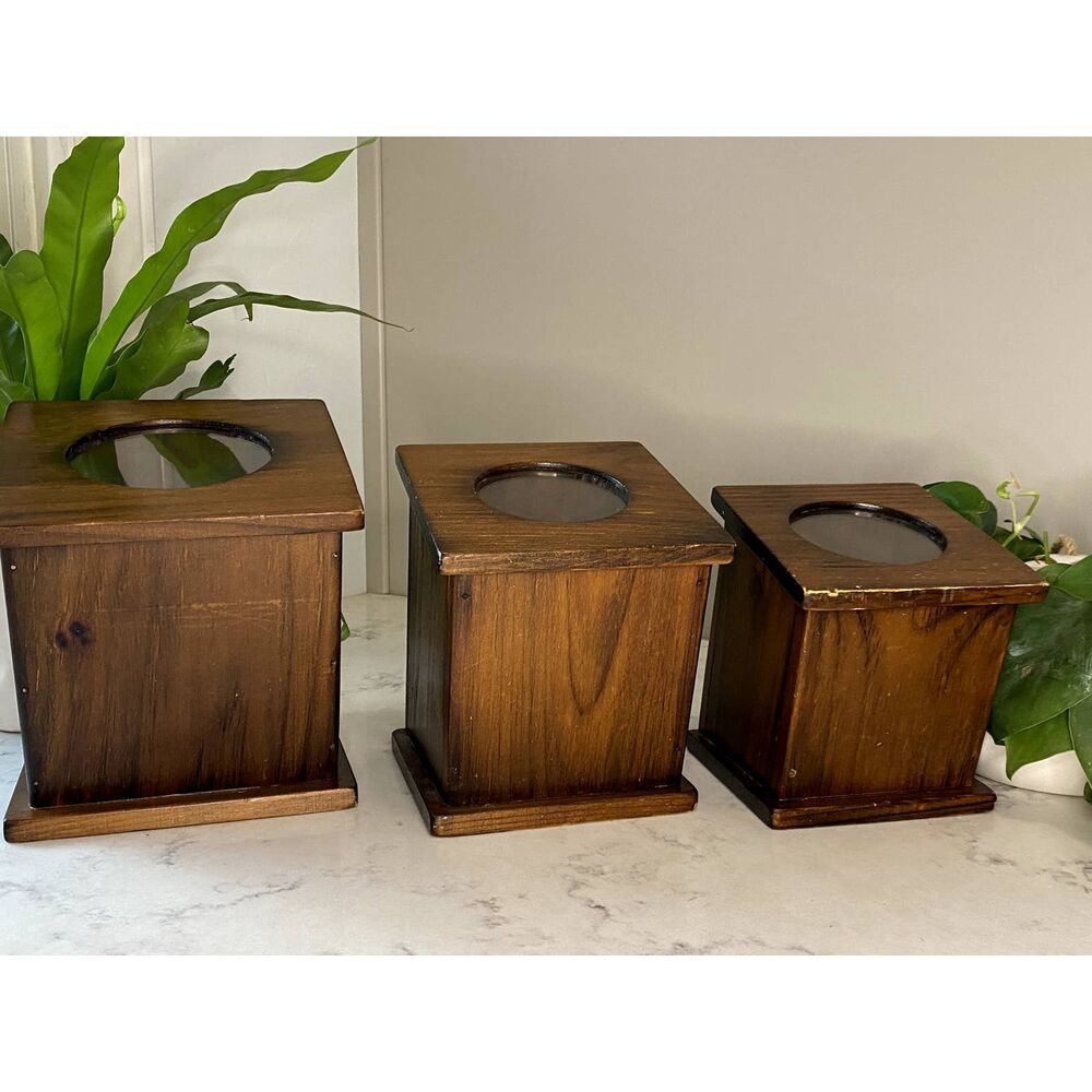 Rare One of a Kind Vintage Wooden Nesting Canisters with Acrylic Top - Set of 3